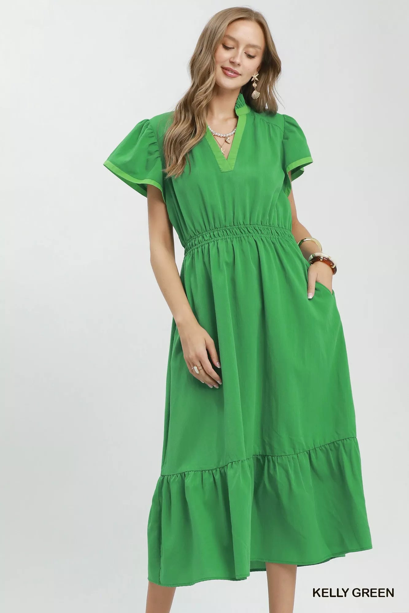 kelly green tiered dress Contrast Trim Midi with Ruffle Hem video