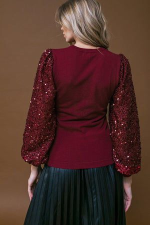 Sequin Puff Sleeve Sweater - Green or Burgundy