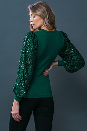 Sequin Puff Sleeve Sweater - Green or Burgundy