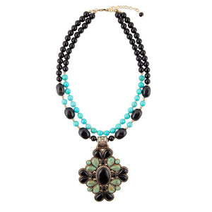 Barcelona Blue Turquoise and Black Onyx Golden Statement Necklace