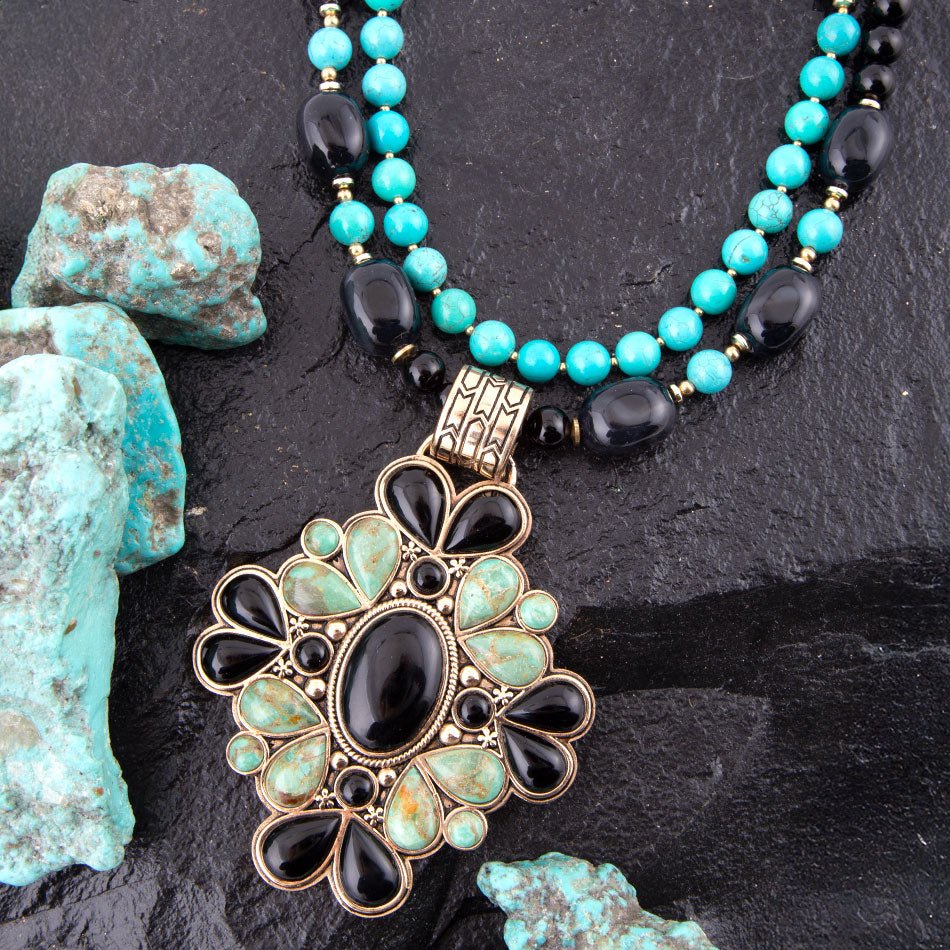 Barcelona Blue Turquoise and Black Onyx Golden Statement Necklace