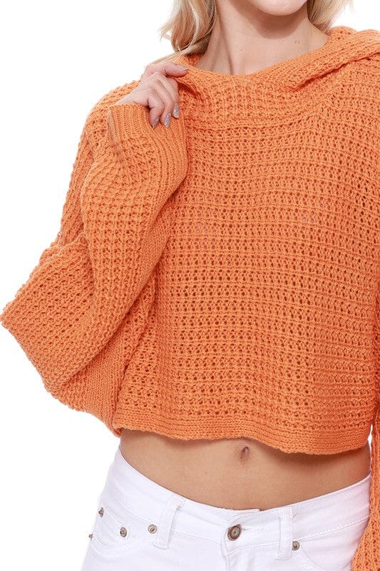 Bat Wing Sleeve Crop Waffle Knit Hoodie Top Mak Light Orange SM 