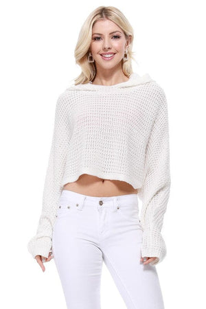 Bat Wing Sleeve Crop Waffle Knit Hoodie Top Mak Ivory SM 