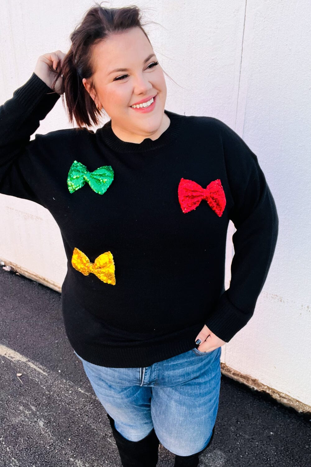 Be Merry Black Multicolor Sequin Bow Knit Sweater Haptics 
