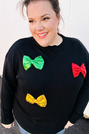 Be Merry Black Multicolor Sequin Bow Knit Sweater Haptics 