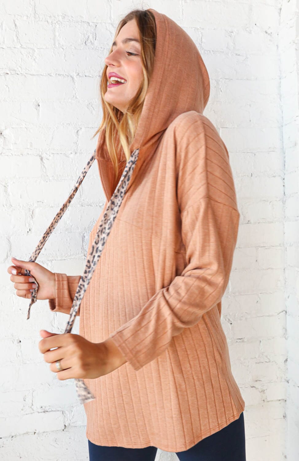 Beige Rib Knit Leopard Print Drawstring Hoodie Now and Forever 