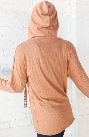 Beige Rib Knit Leopard Print Drawstring Hoodie Now and Forever 