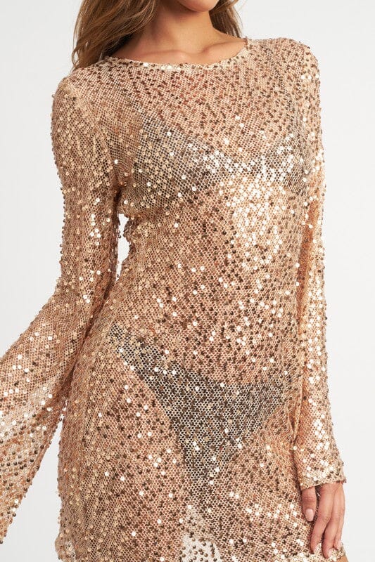 Bell Sleeve Sequins Mini Dress - Partially See Through - Rose Gold Emory Park ROSE GOLD S 