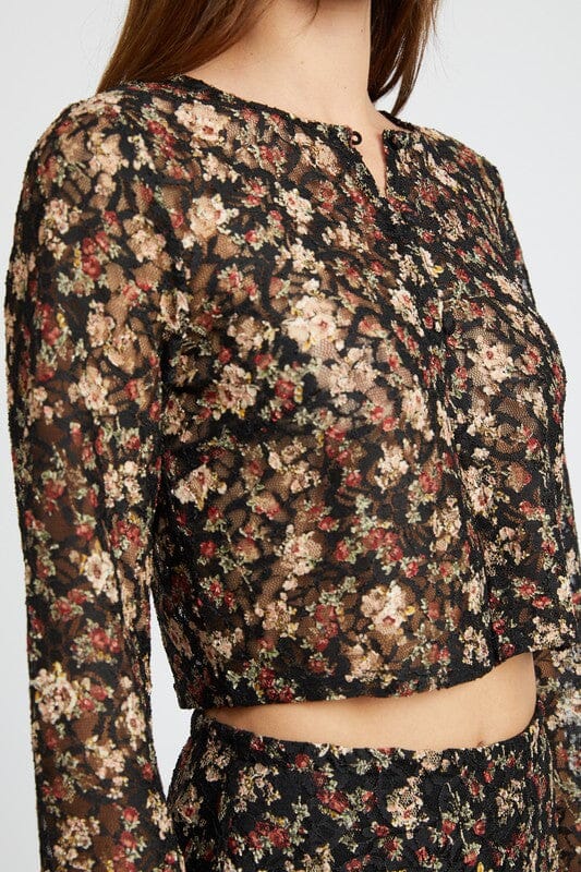 BELLL SLEEVE CROPPED TOP Emory Park BLACK FLORAL S 