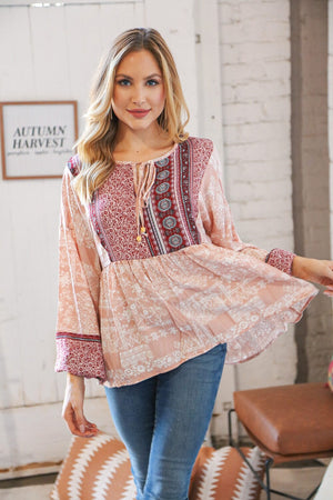 Berry Ethnic Floral Front Beaded Tie Peasant Woven Blouse Sugarfox 