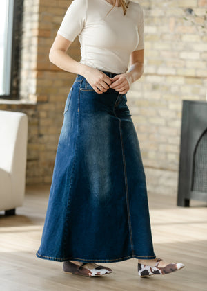 Bethany Dark Wash A-line Long Denim Skirt