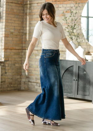 Bethany Dark Wash A-line Long Denim Skirt
