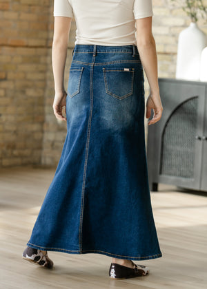 Bethany Dark Wash A-line Long Denim Skirt