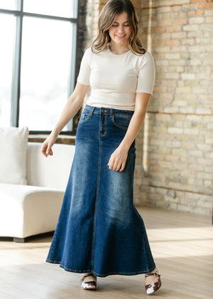 Bethany Dark Wash A-line Long Denim Skirt