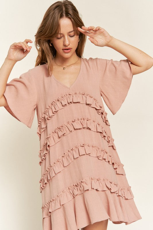 Tiered Ruffle Mini Dress - Light Mauve, Cement Grey