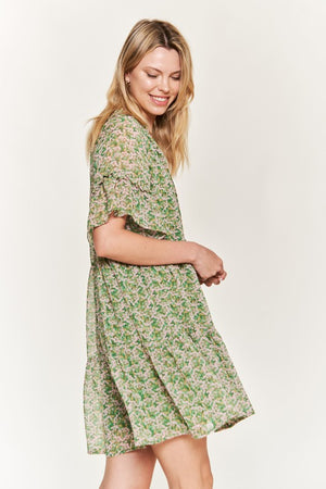 Floral Print V-Neck Mini Dress - Green, Pink