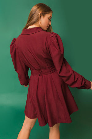 Long Puff Sleeve Button Down A-Line Mini Dress - Burgundy or Green
