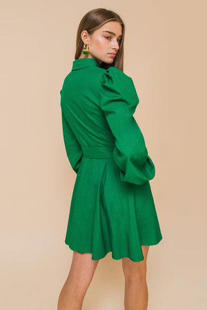 Long Puff Sleeve Button Down A-Line Mini Dress - Burgundy or Green