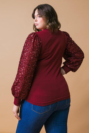 Sequin Puff Sleeve Sweater - Green or Burgundy