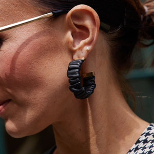 Black Rosalia Ruched Leather Hoop Earrings