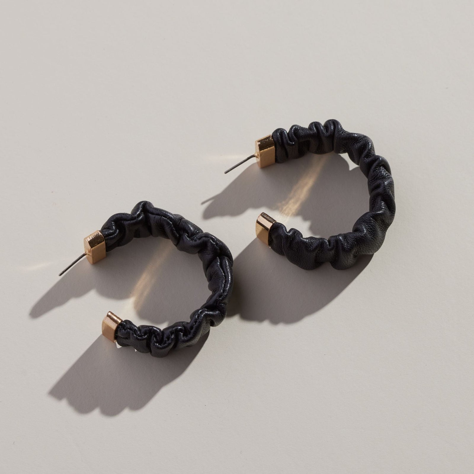 Black Rosalia Ruched Leather Hoop Earrings
