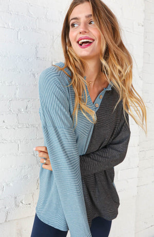 Blue & Grey Half and Half Slub Rib Button Top Now and Forever 