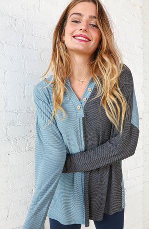 Blue & Grey Half and Half Slub Rib Button Top Now and Forever 
