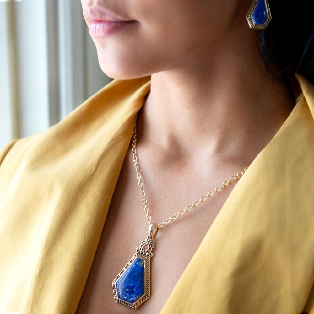 Blue Lapis Golden Elongated Pendant Necklace