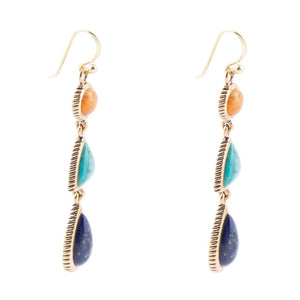 Blue Lapis, Turquoise and Orange Sponge Coral Golden Drop Earrings