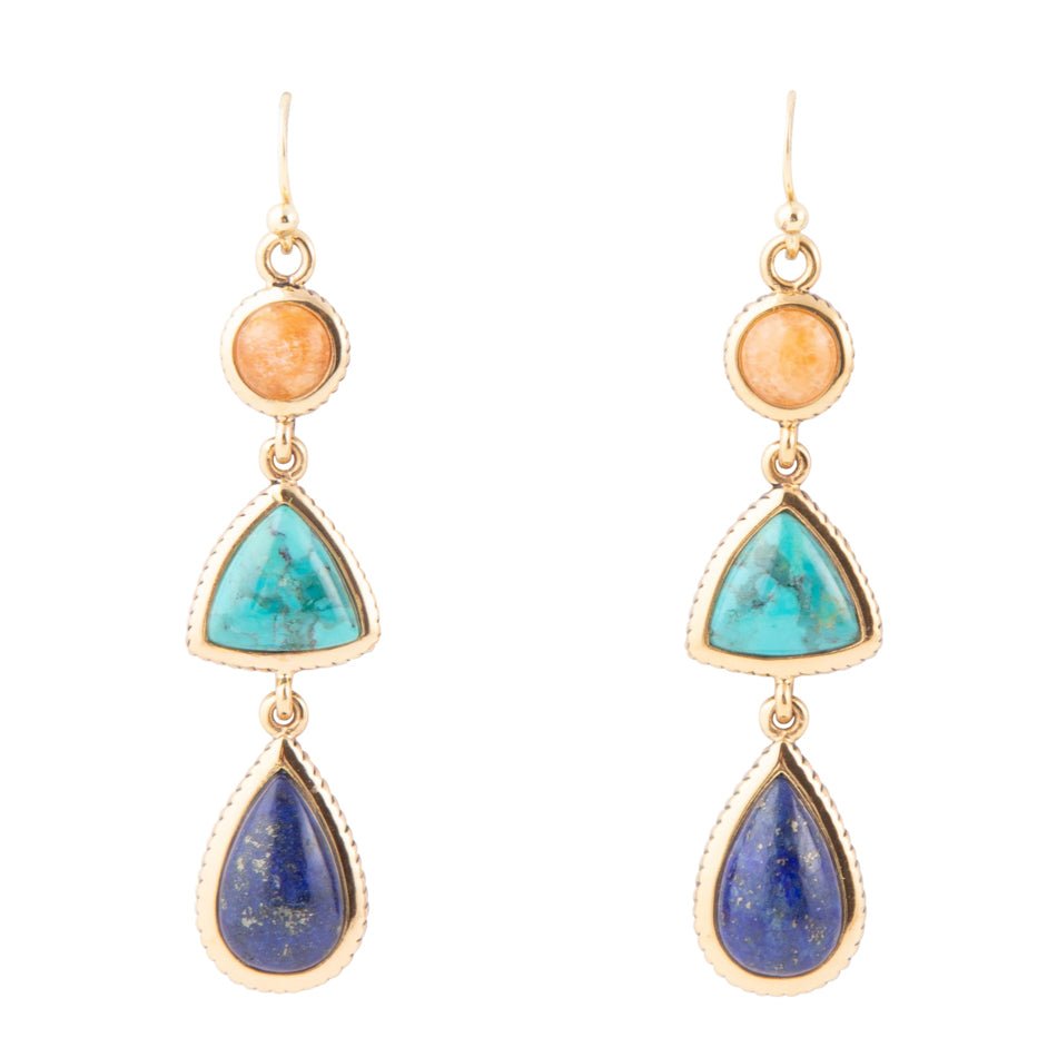 Blue Lapis, Turquoise and Orange Sponge Coral Golden Drop Earrings