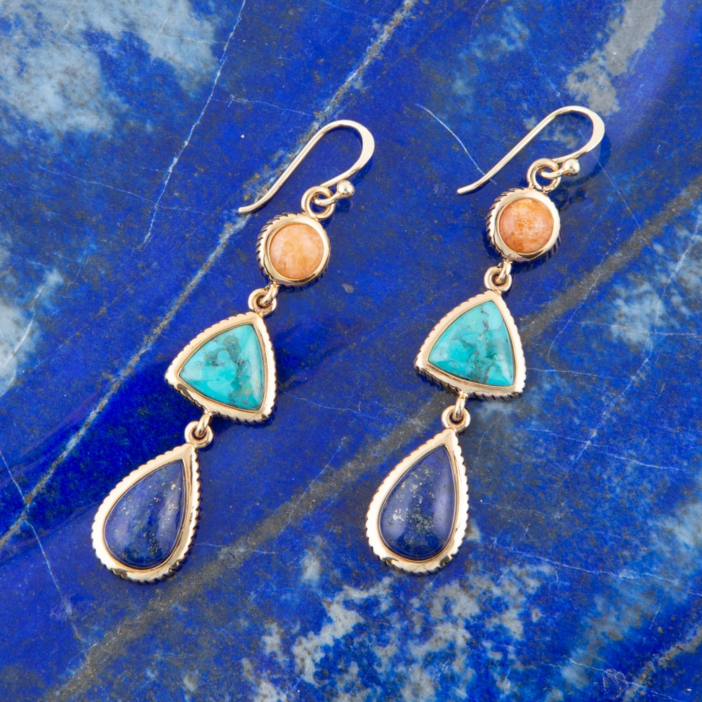 Blue Lapis, Turquoise and Orange Sponge Coral Golden Drop Earrings