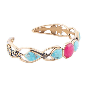 Blue Turquoise and Red Quartz Golden Cuff Bracelet