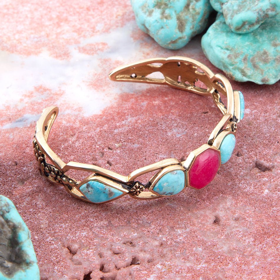 Blue Turquoise and Red Quartz Golden Cuff Bracelet