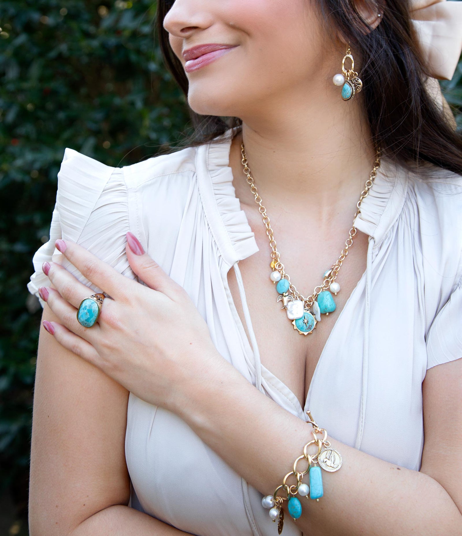 Blue Turquoise and White Pearl Multi Charm Golden Charm Earrings