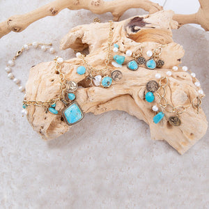 Blue Turquoise and White Pearl Multi Charm Golden Charm Earrings