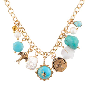 Blue Turquoise and White Pearl Multi Charm Golden Necklace