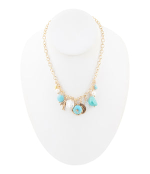 Blue Turquoise and White Pearl Multi Charm Golden Necklace