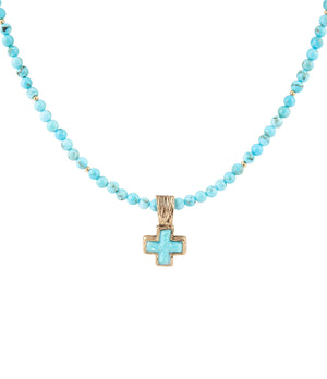 Blue Turquoise Cross Golden Pendant Necklace