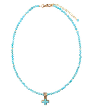 Blue Turquoise Cross Golden Pendant Necklace