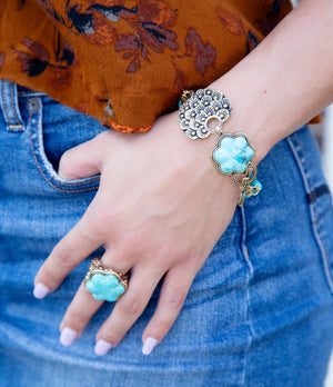 Blue Turquoise Flower Golden Ring