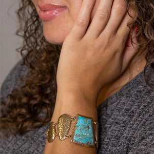 Blue Turquoise Jeweled Statement Link Golden Bracelet