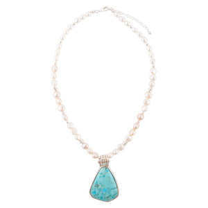 Blue Turquoise Pendant and White Pearl Sterling Silver Necklace