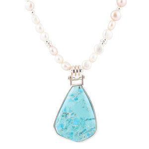 Blue Turquoise Pendant and White Pearl Sterling Silver Necklace