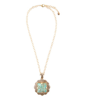 Blue Turquoise Square Golden Pendant Necklace