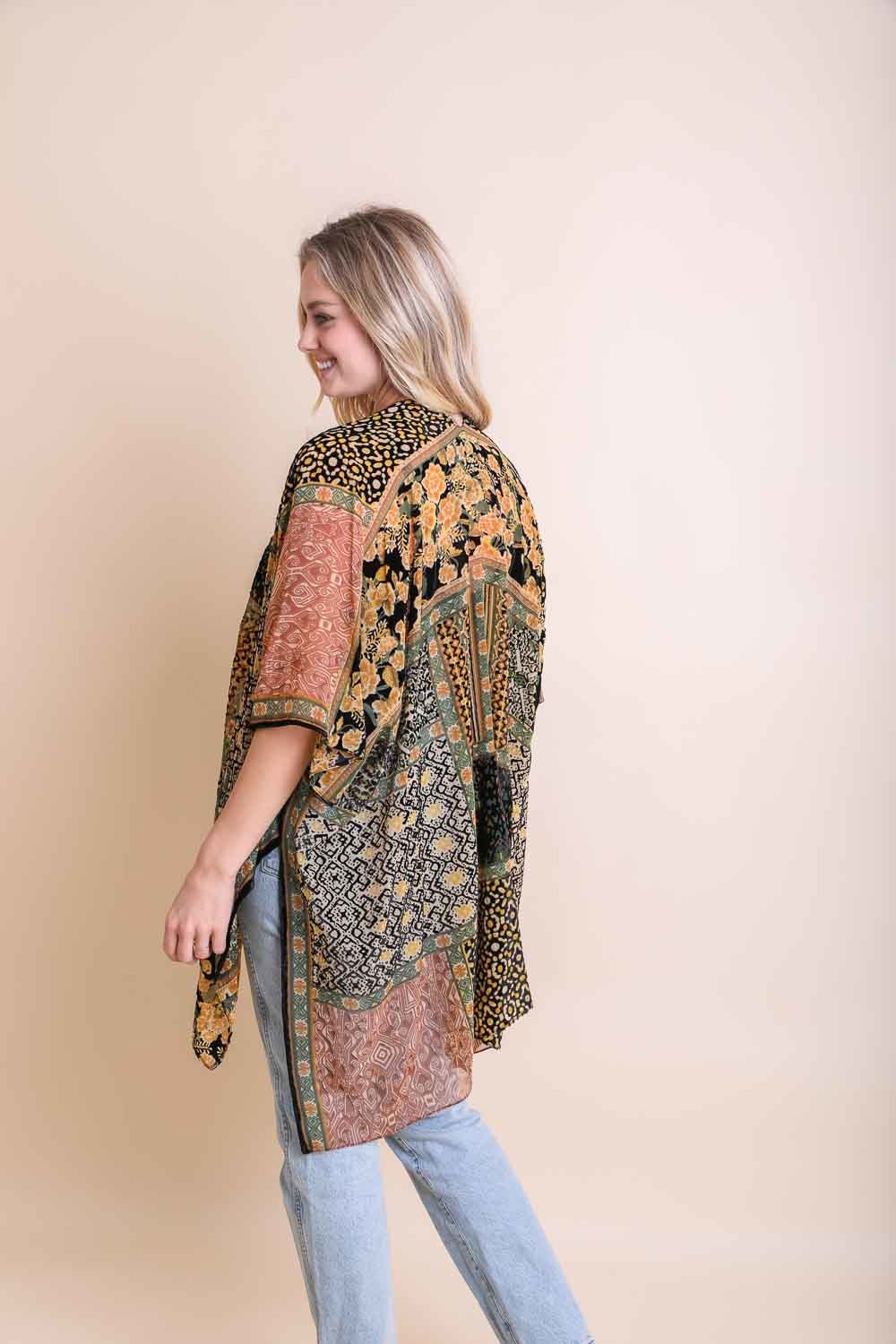 Bohemian Burnout Velvet Kimono Ponchos Black/Mustard