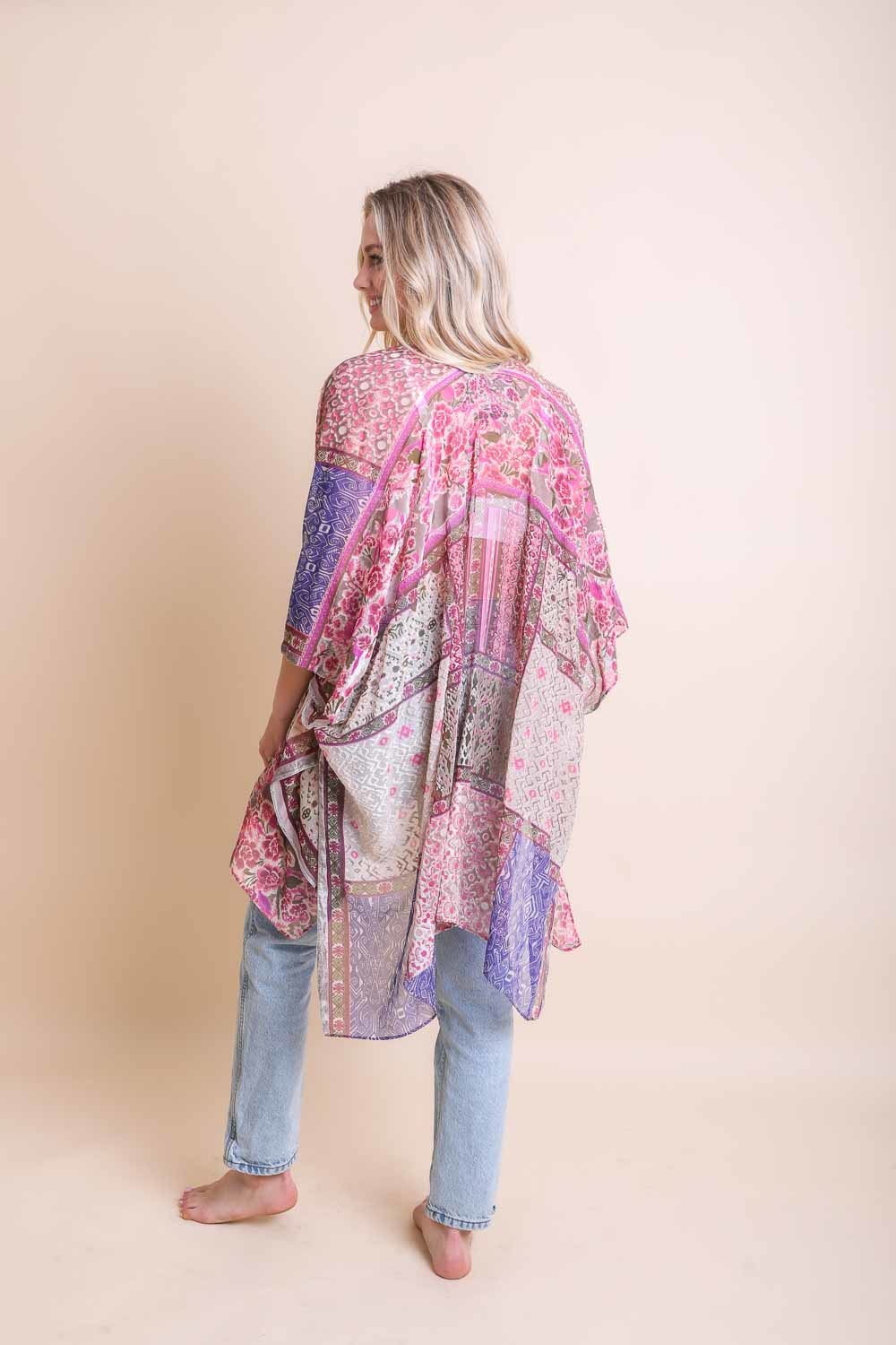 Bohemian Burnout Velvet Kimono Ponchos Silver/Fuchsia