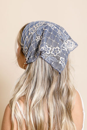 Bohemian Floral Lace Headscarf Hats & Hair Leto Collection Denim Blue 
