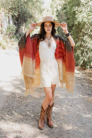 Bohemian Style Color Blend Tassel Serape Ponchos