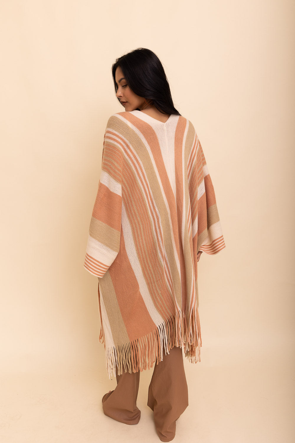Boho Chic Frayed Edge Ruana Ponchos One Size / Beige