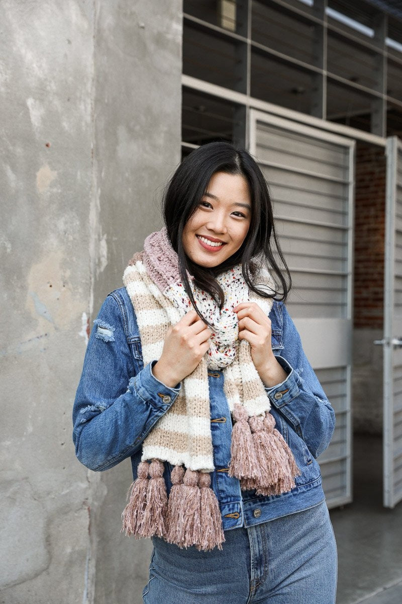 Boho Speckle Stripe Tassel Scarf Scarves Pink